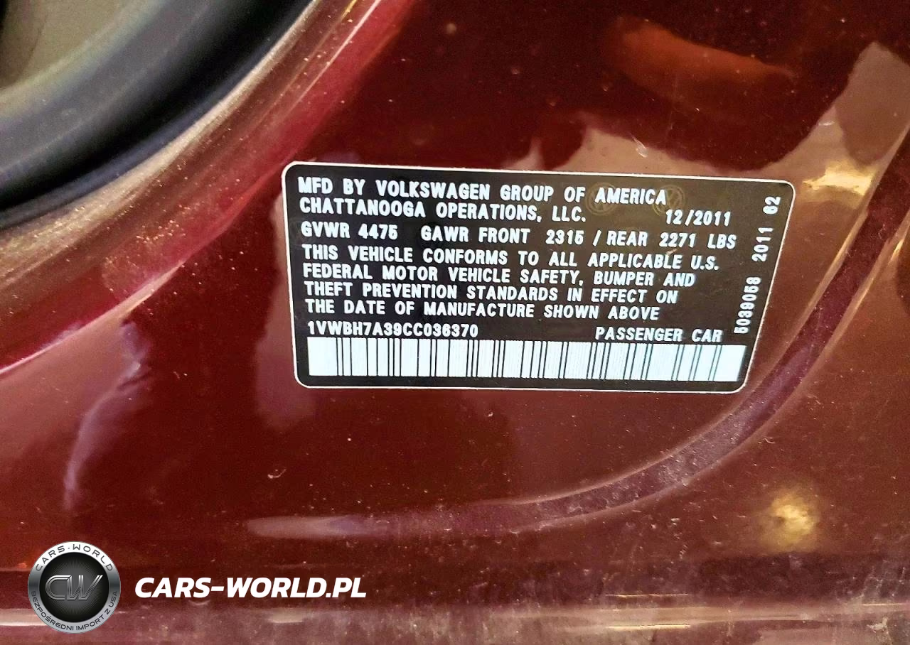 2012 Volkswagen Passat Se VIN:1VWBH7A39CC036370 - 12