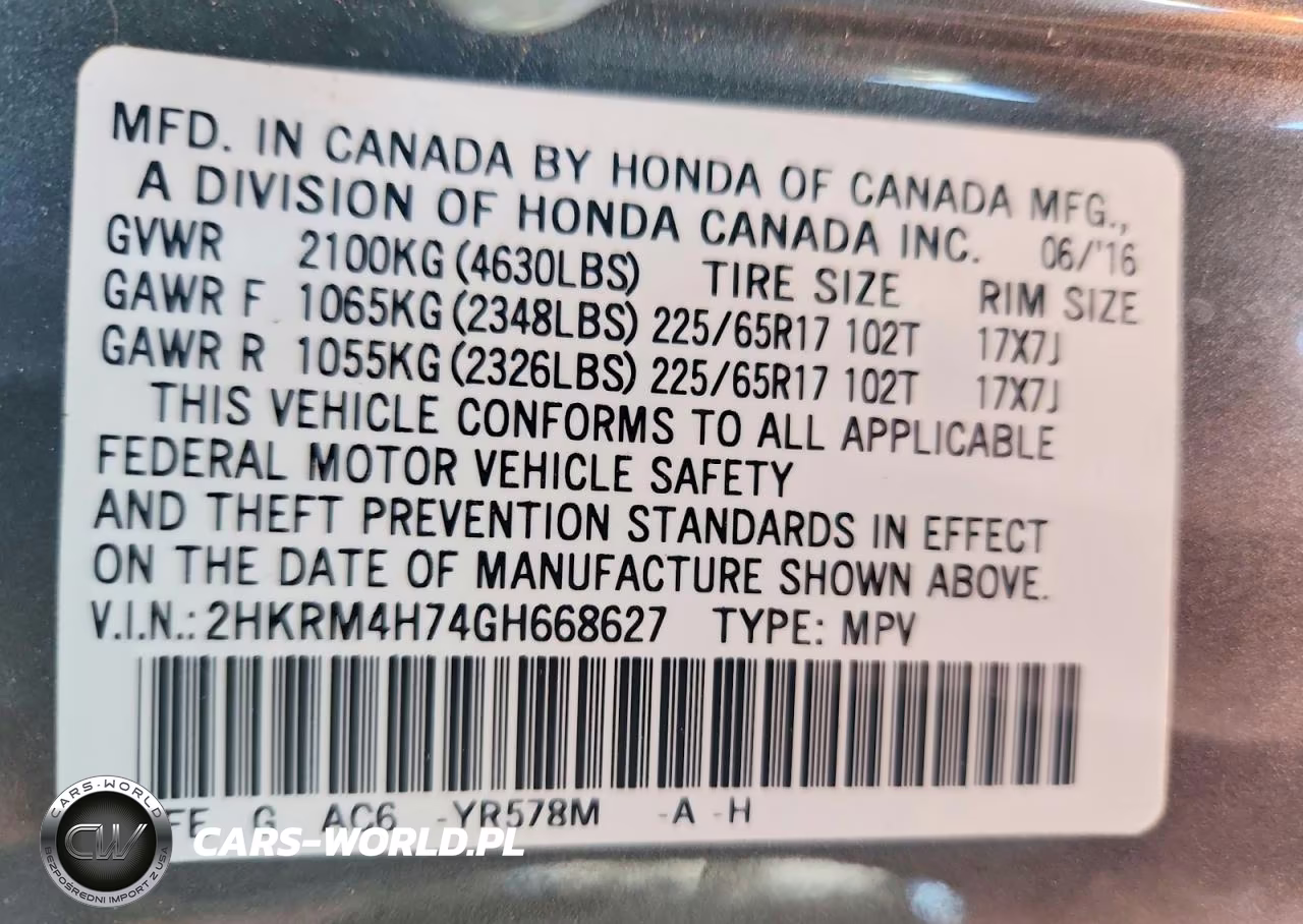 2016 Honda Cr-V Exl VIN:2HKRM4H74GH668627 - 13