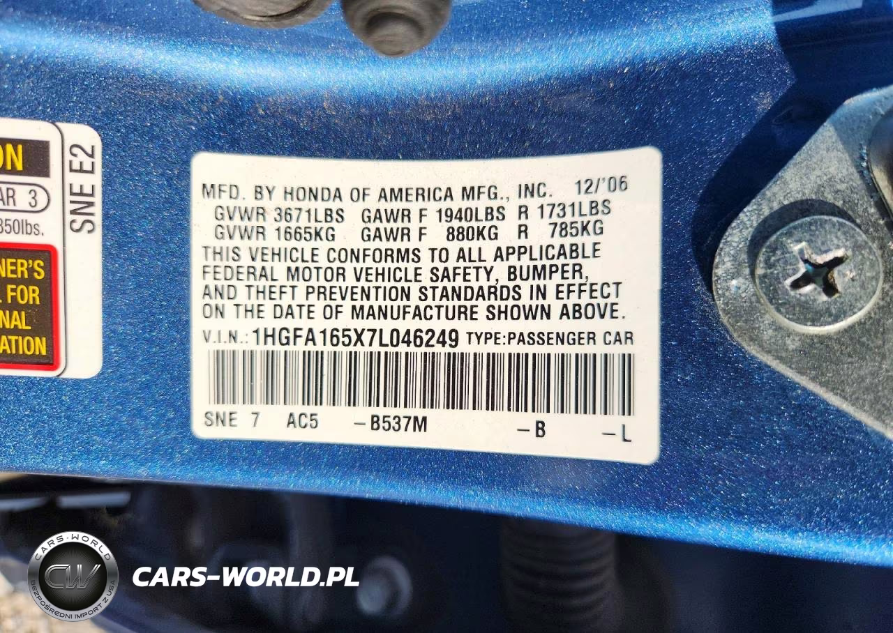 2007 Honda Civic Lx VIN:1HGFA165X7L046249 - 12
