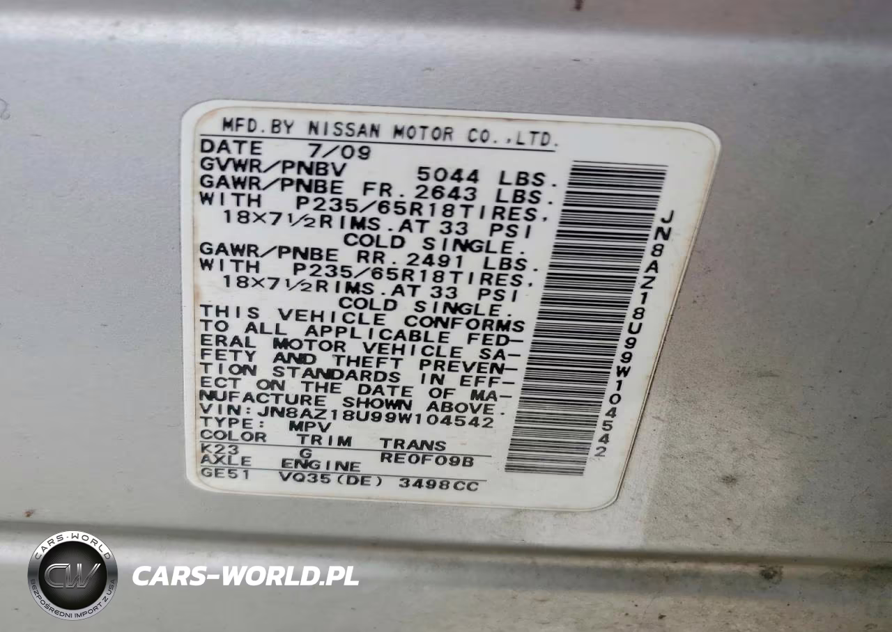 2009 Nissan Murano S VIN:JN8AZ18U99W104542 - 12