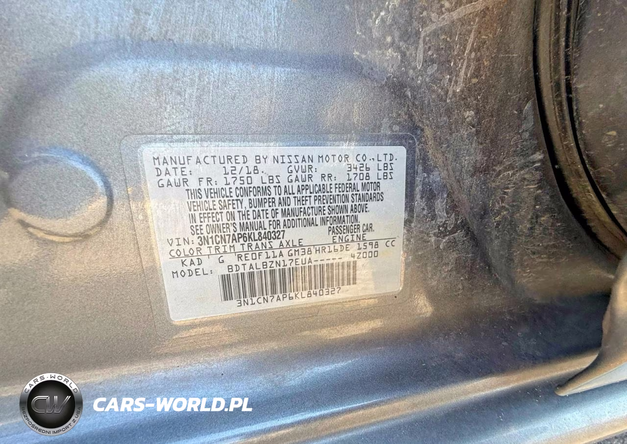 2019 Nissan Versa Sv VIN:3N1CN7AP6KL840327 - 10