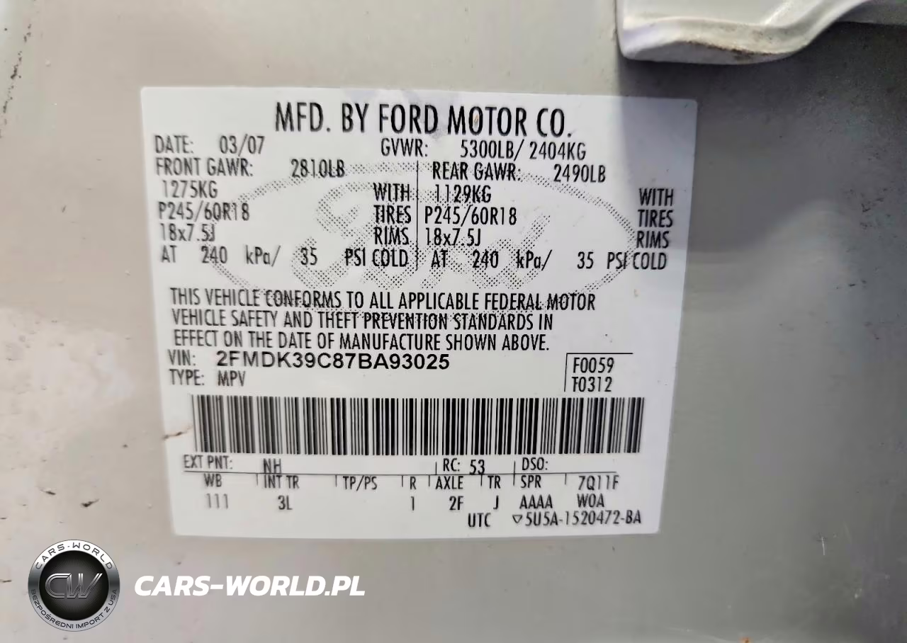 2007 Ford Edge Sel Plus VIN:2FMDK39C87BA93025 - 12