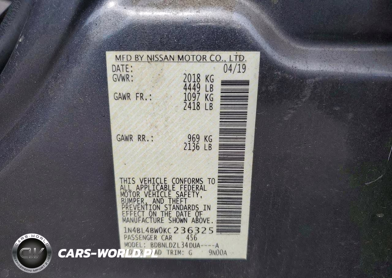 2019 Nissan Altima S VIN:1N4BL4BW0KC236325 - 12