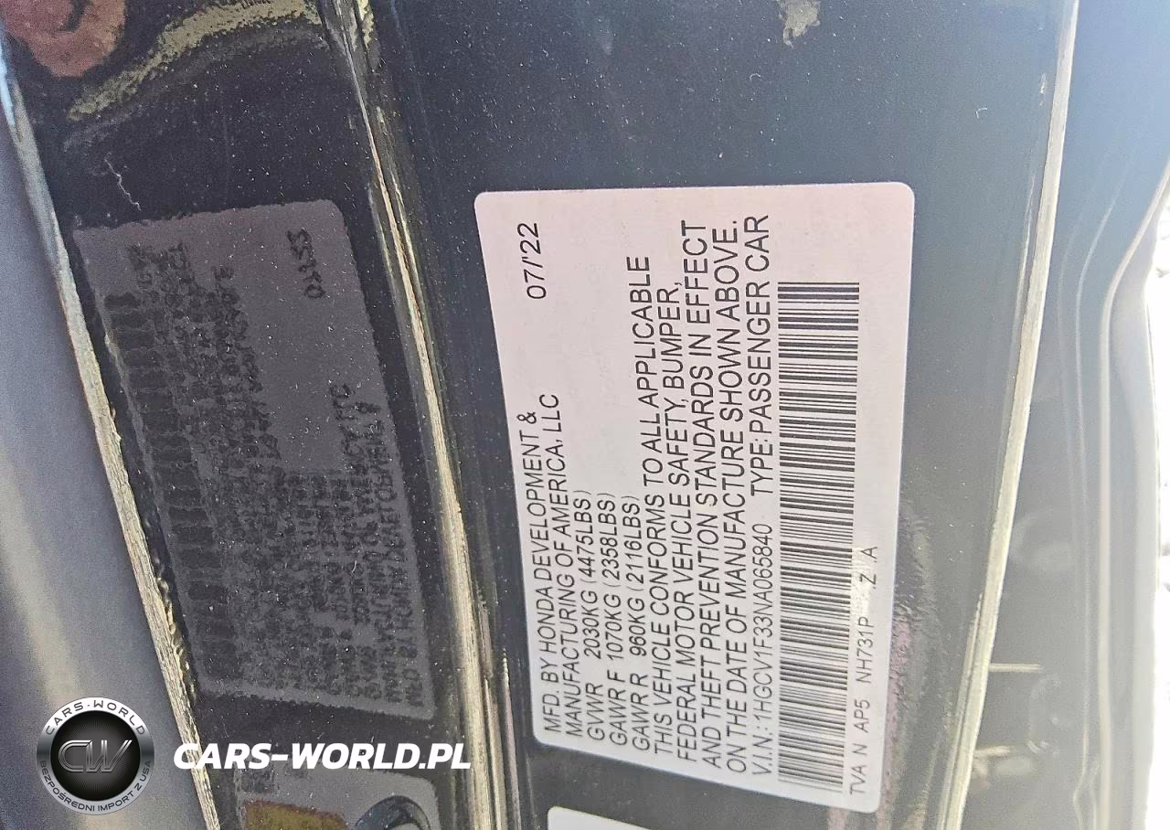2022 Honda Accord Sport VIN:1HGCV1F33NA065840 - 12