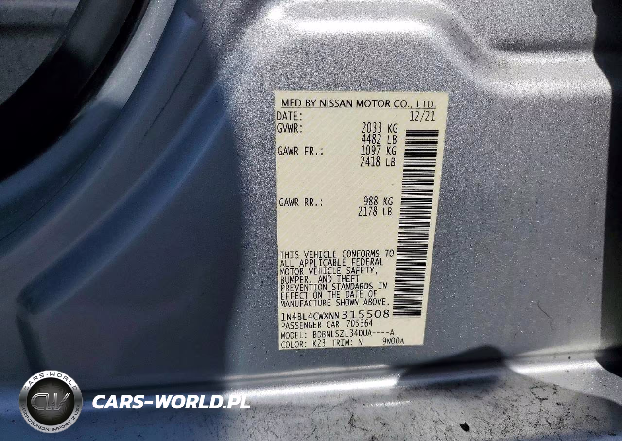 2022 Nissan Altima Sr VIN:1N4BL4CWXNN315508 - 12