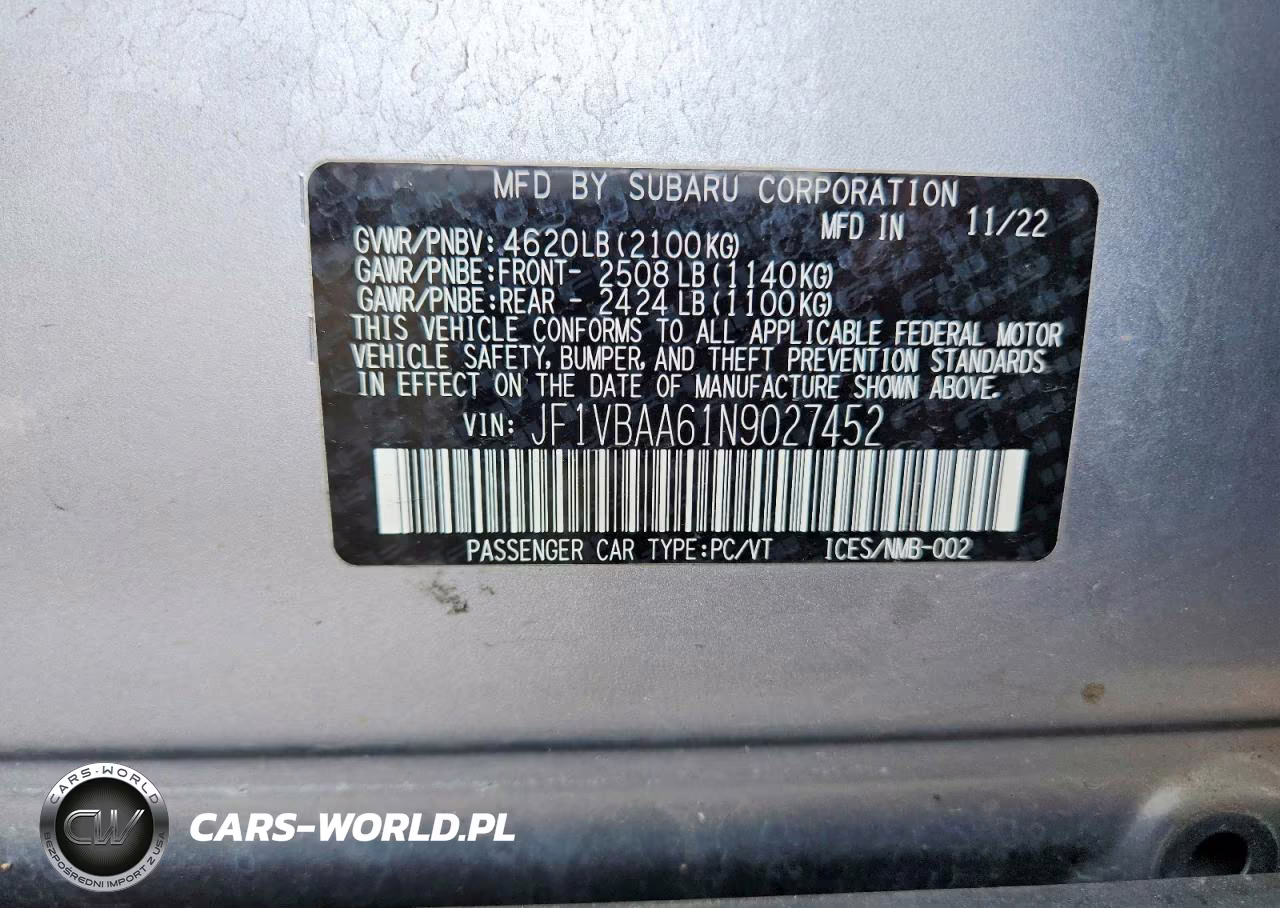 2022 Subaru Wrx VIN:JF1VBAA61N9027452 - 13