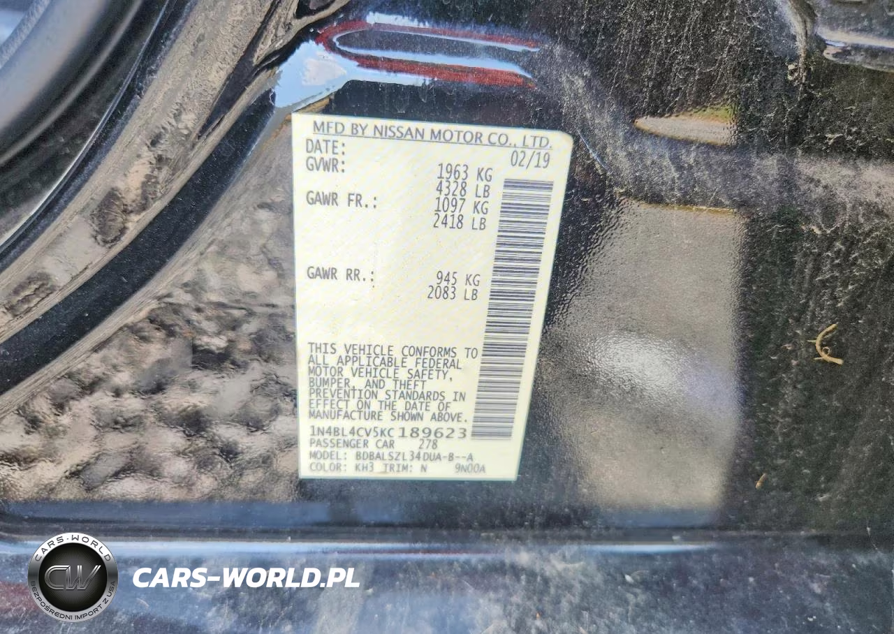 2019 Nissan Altima Sr VIN:1N4BL4CV5KC189623 - 12