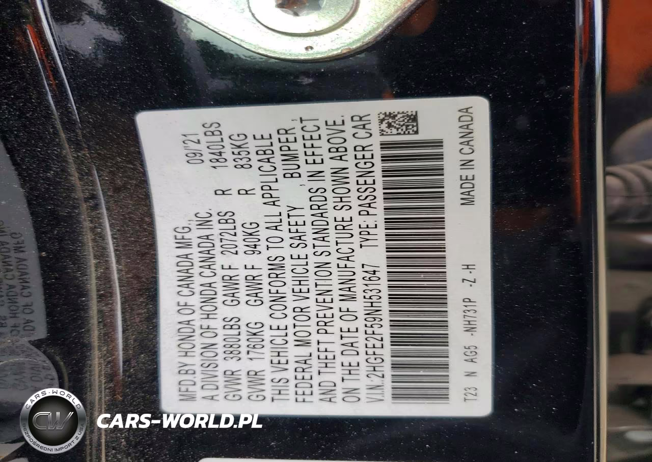2022 Honda Civic Sport VIN:2HGFE2F59NH531647 - 12