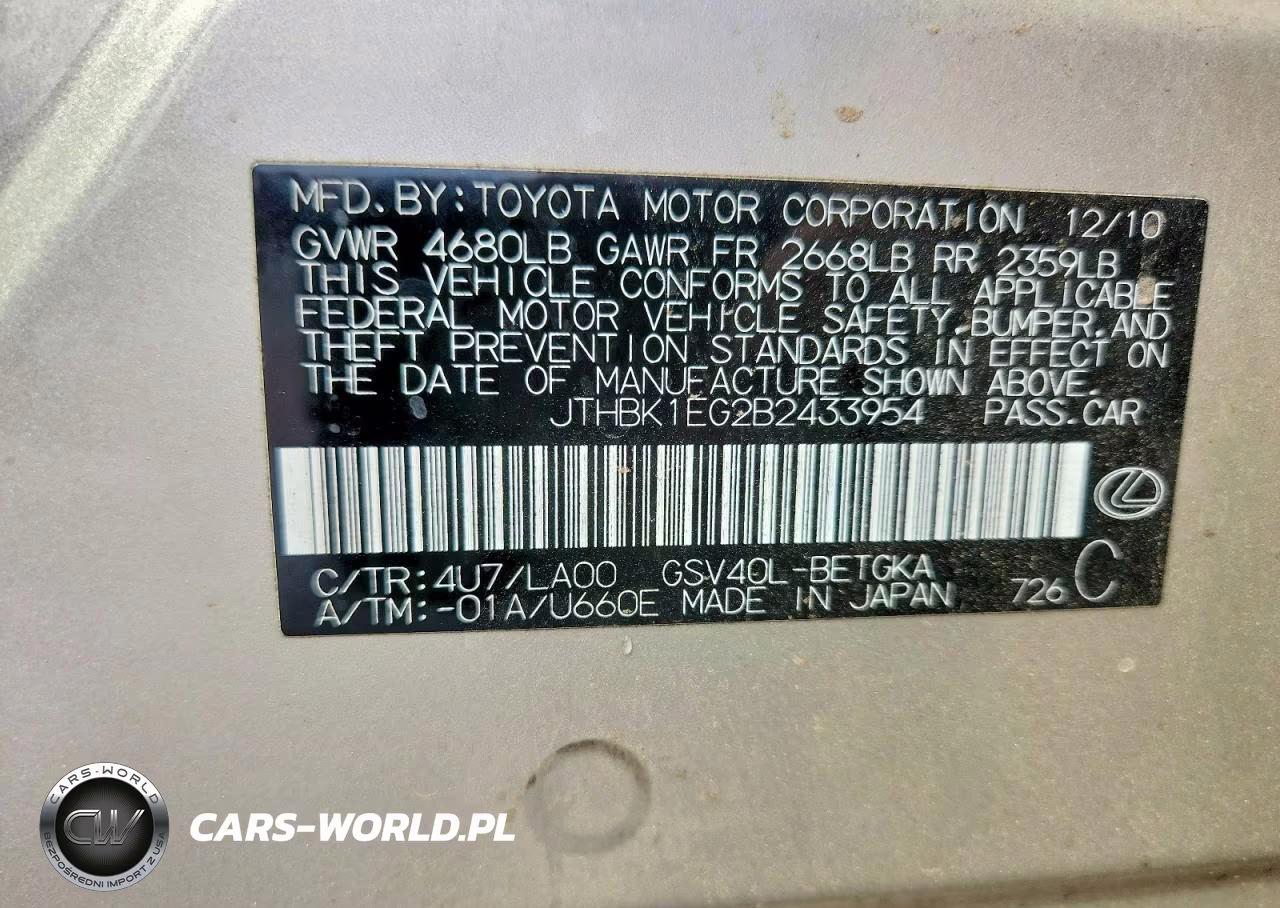 2011 Lexus Es 350 VIN:JTHBK1EG2B2433954 - 12