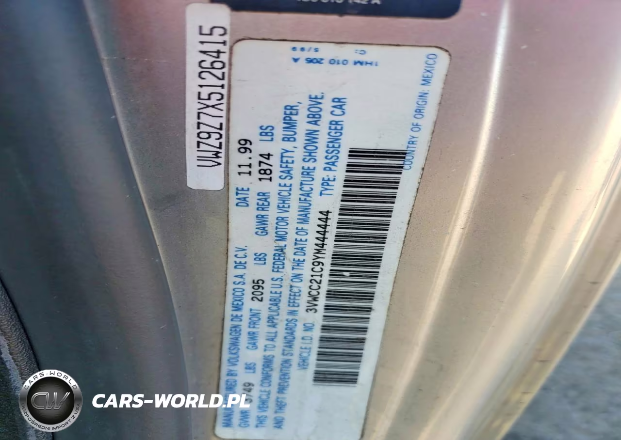 2000 Volkswagen New Beetle Gls VIN:3VWCC21C9YM444444 - 12