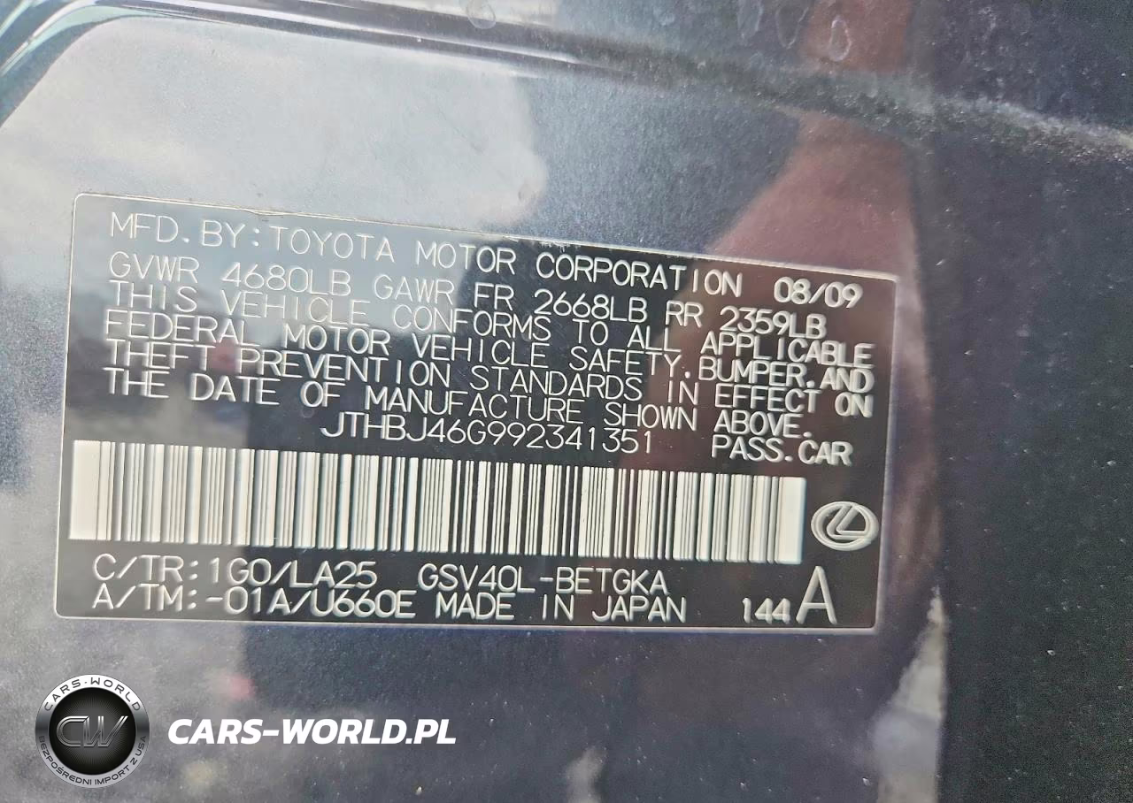 2009 Lexus Es 350 VIN:JTHBJ46G992341351 - 12