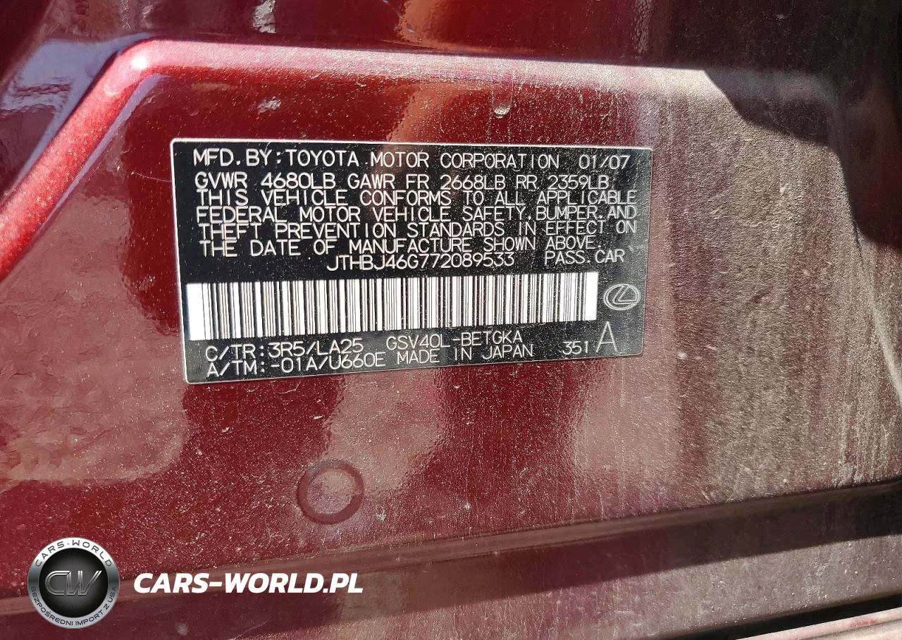 2007 Lexus Es 350 VIN:JTHBJ46G772089533 - 12