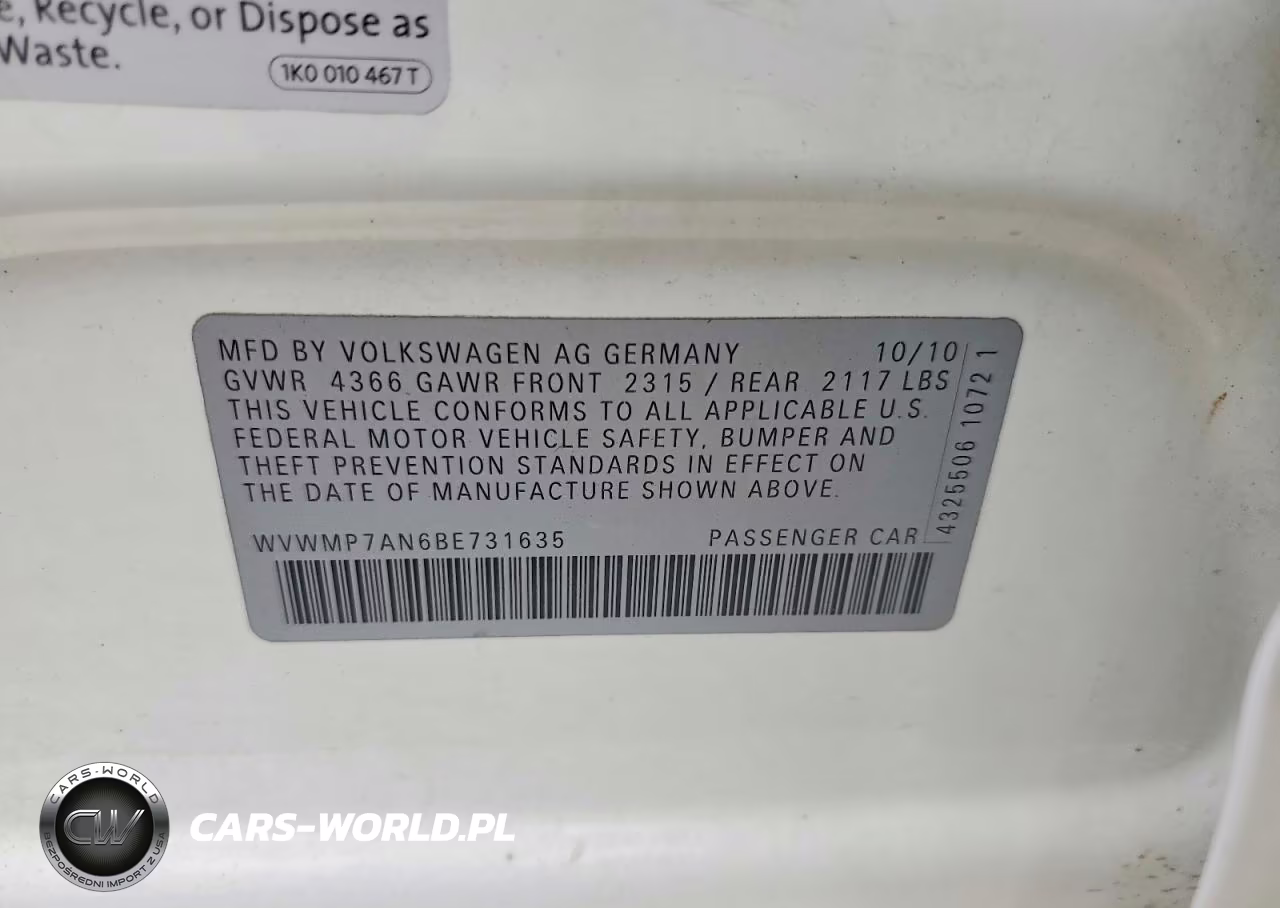 2011 Volkswagen Cc Sport VIN:WVWMP7AN6BE731635 - 12