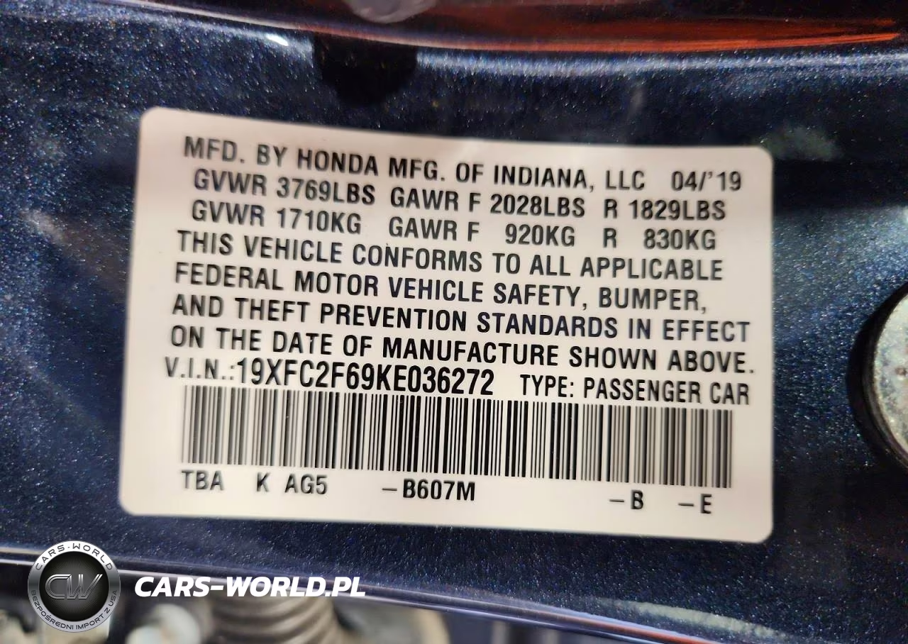 2019 Honda Civic Lx VIN:19XFC2F69KE036272 - 12