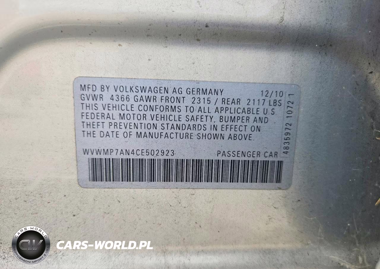 2012 Volkswagen Cc Sport VIN:WVWMP7AN4CE502923 - 12