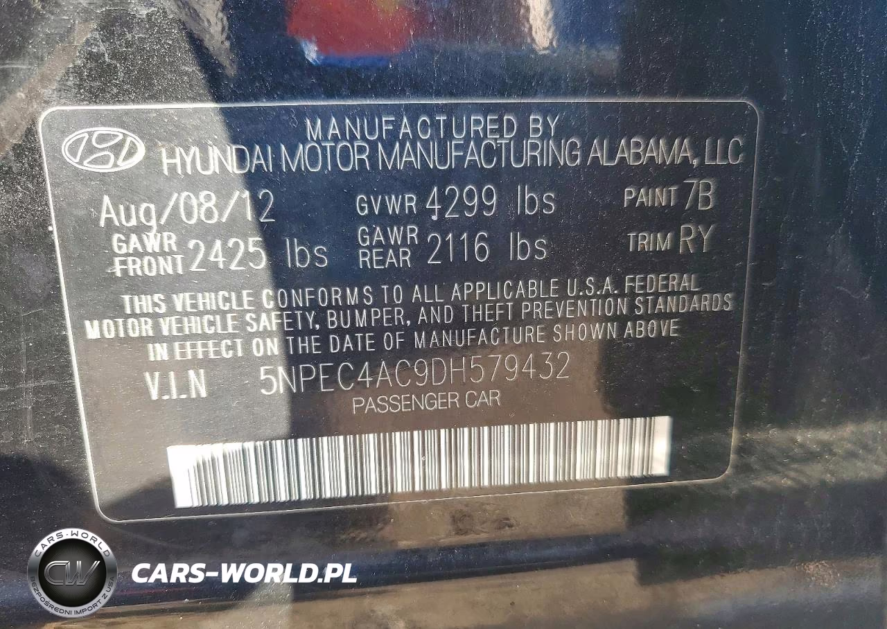 2013 Hyundai Sonata Se VIN:5NPEC4AC9DH579432 - 12