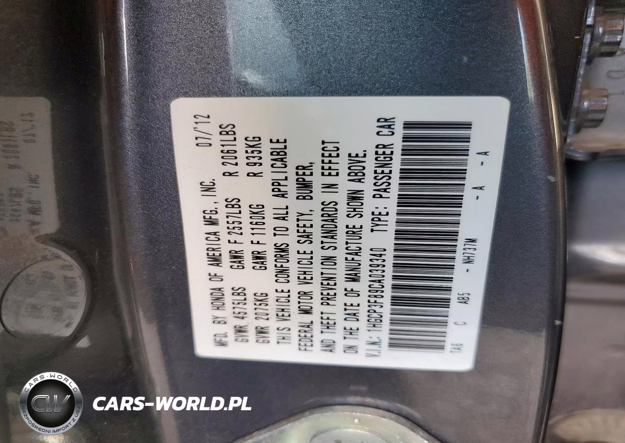 2012 Honda Accord Exl VIN:1HGCP3F89CA039340 - 12