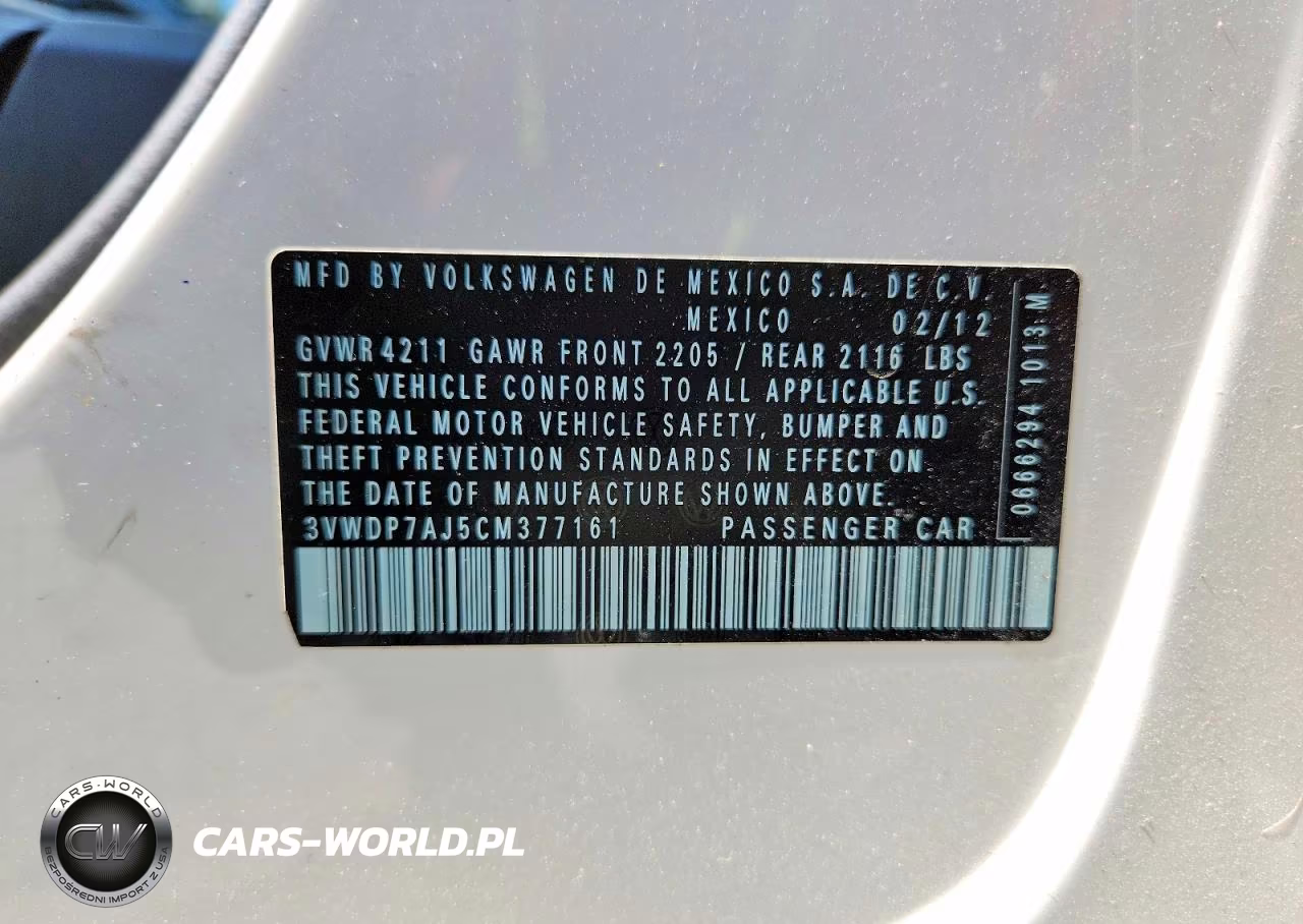 VOLKSWAGEN JETTA VIN:3VWDP7AJ5CM377161 - 12