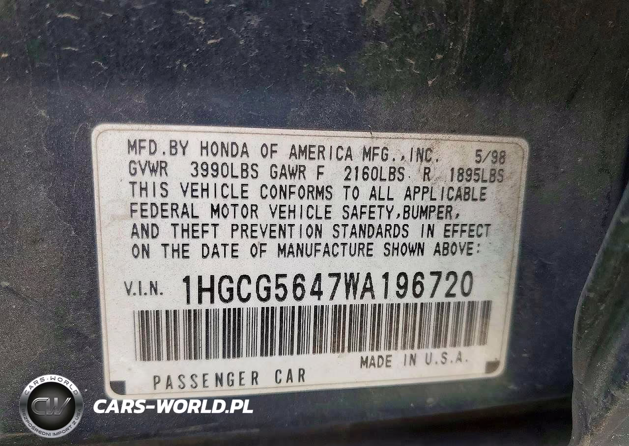 1998 Honda Accord Lx VIN:1HGCG5647WA196720 - 12