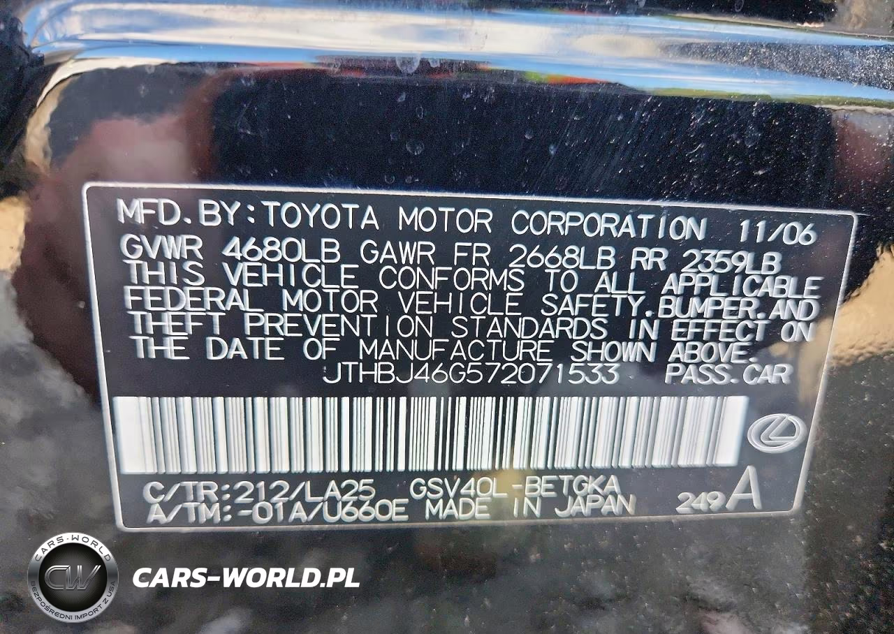 2007 Lexus Es 350 VIN:JTHBJ46G572071533 - 12