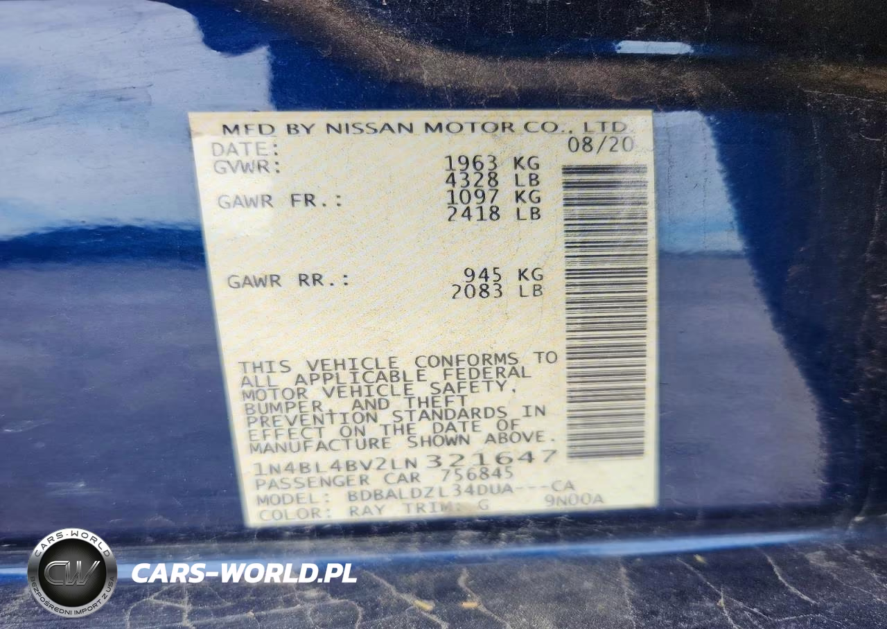 2020 Nissan Altima S VIN:1N4BL4BV2LN321647 - 13
