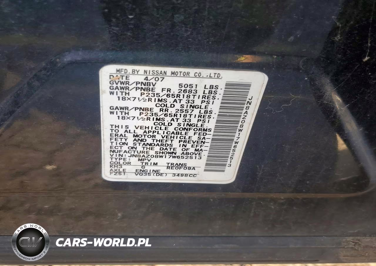 2007 Nissan Murano S VIN:JN8AZ08W17W652513 - 13