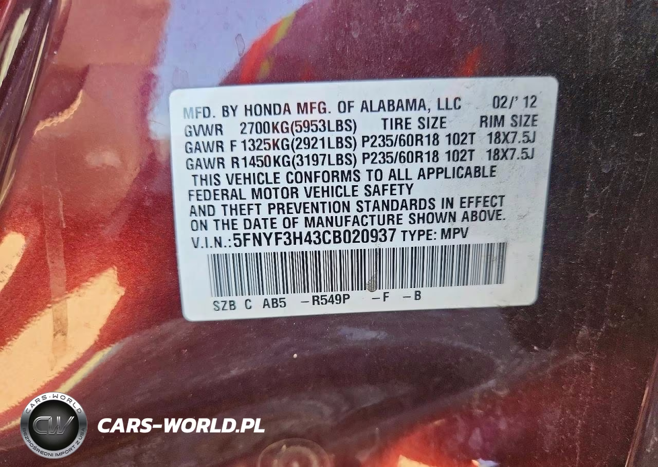 2012 Honda Pilot Ex VIN:5FNYF3H43CB020937 - 13