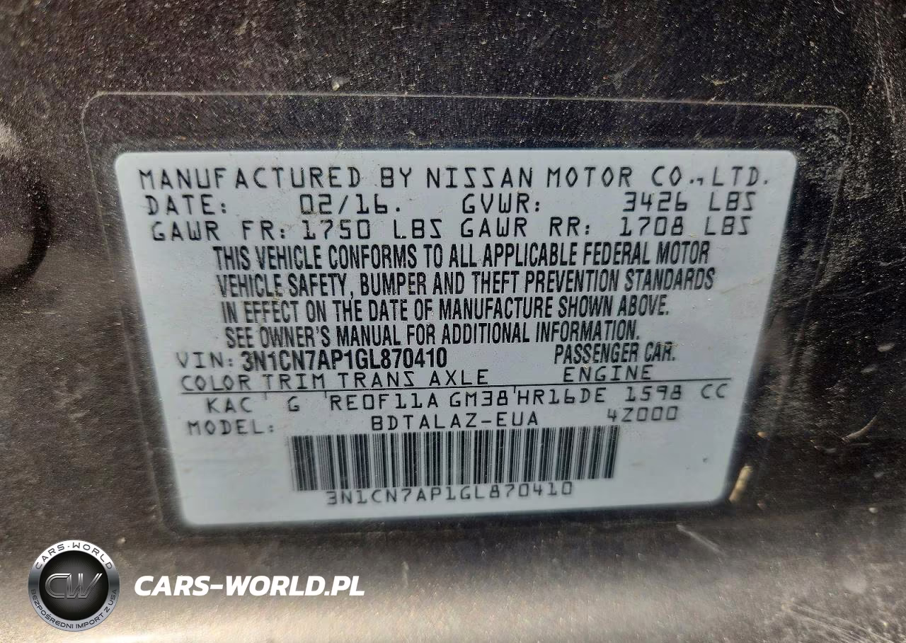2016 Nissan Versa 1.6 S Plus VIN:3N1CN7AP1GL870410 - 12