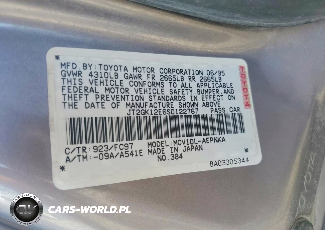 1995 Toyota Camry Le VIN:JT2GK12E6S0122767 - 12