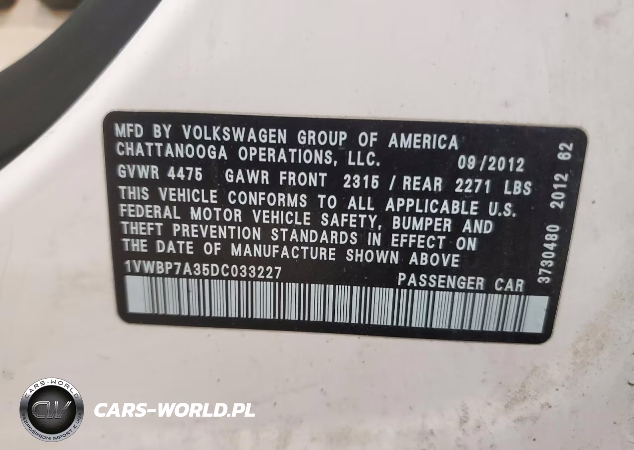 2013 Volkswagen Passat Se VIN:1VWBP7A35DC033227 - 12