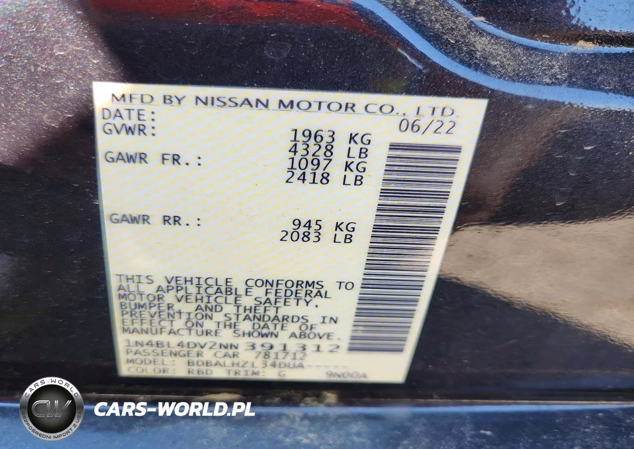 2022 Nissan Altima Sv VIN:1N4BL4DV2NN391312 - 13