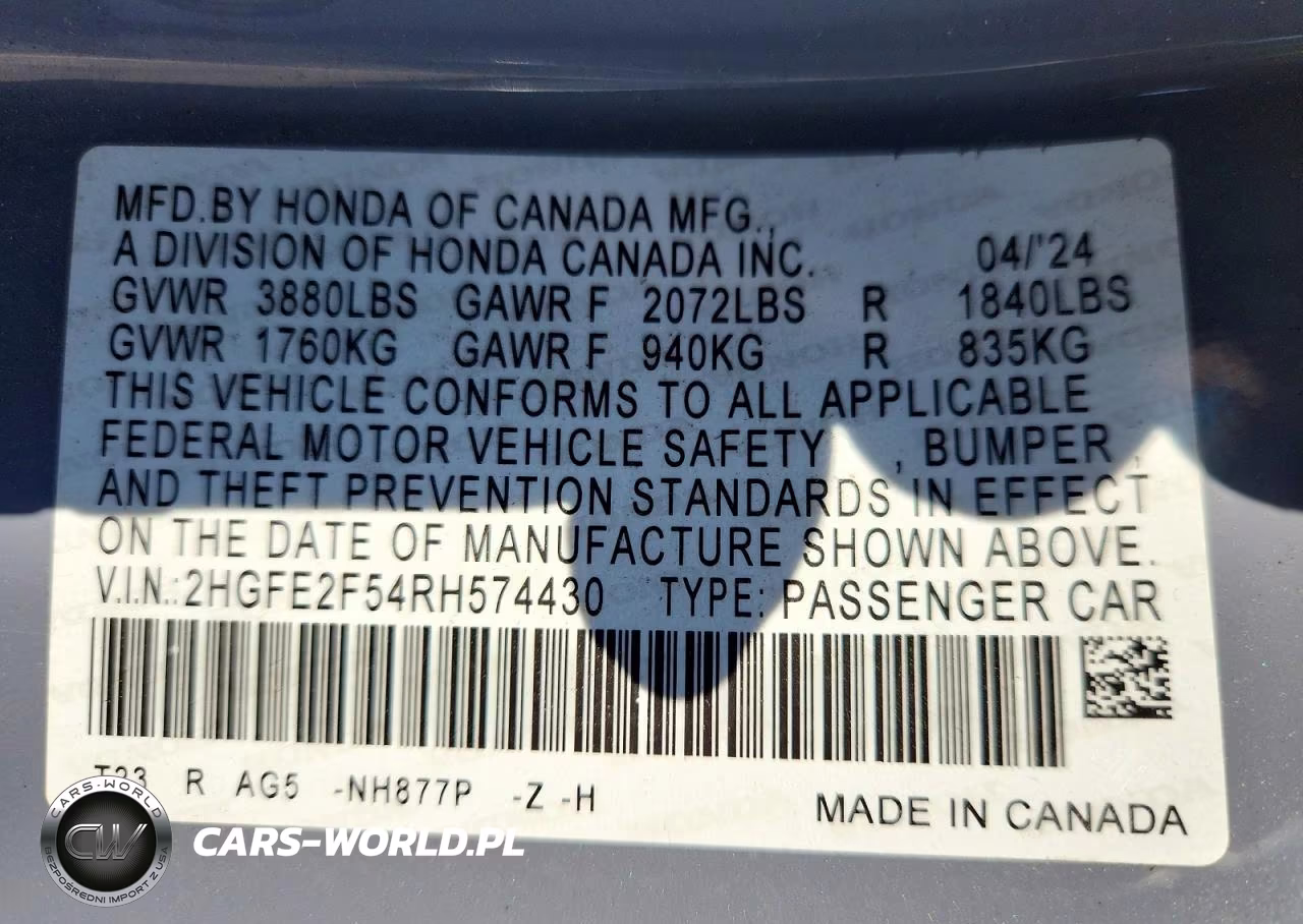 2024 Honda Civic Sport VIN:2HGFE2F54RH574430 - 12