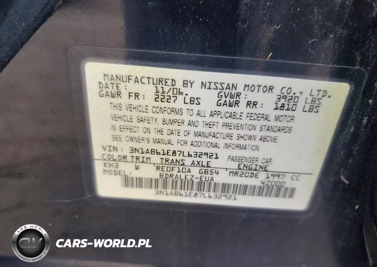 2007 Nissan Sentra 2.0 VIN:3N1AB61E87L632921 - 12