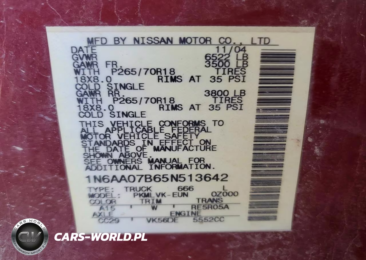 2005 Nissan Titan Xe VIN:1N6AA07B65N513642 - 12