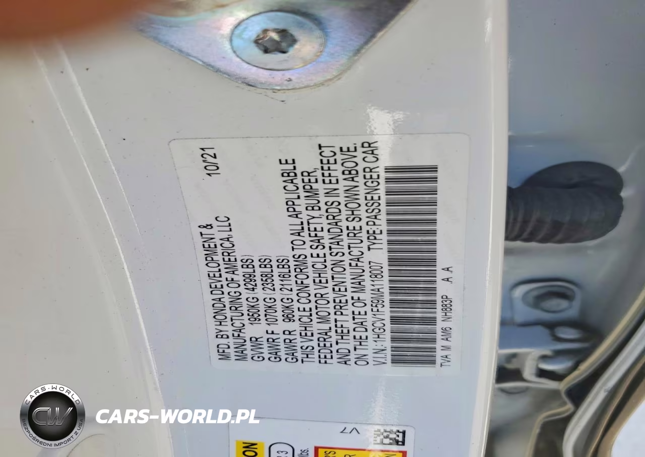 2021 Honda Accord Exl VIN:1HGCV1F59MA118007 - 12