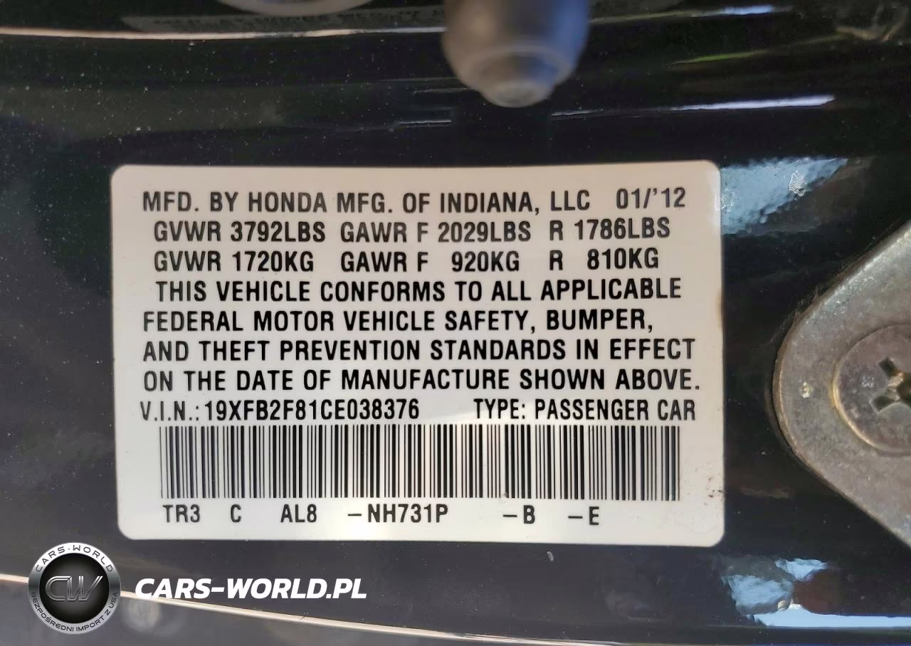 2012 Honda Civic Ex VIN:19XFB2F81CE038376 - 13