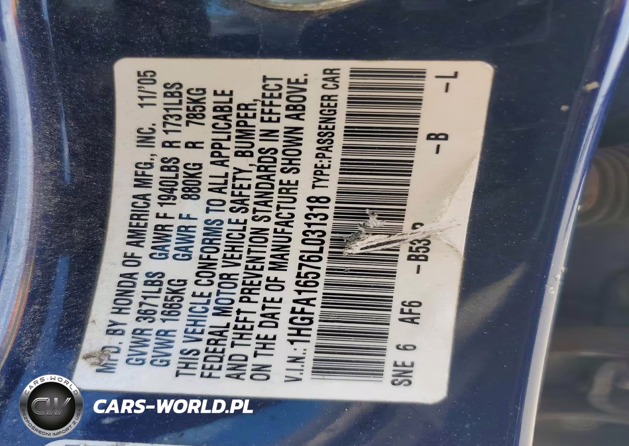 2006 Honda Civic Lx VIN:1HGFA16576L031318 - 12