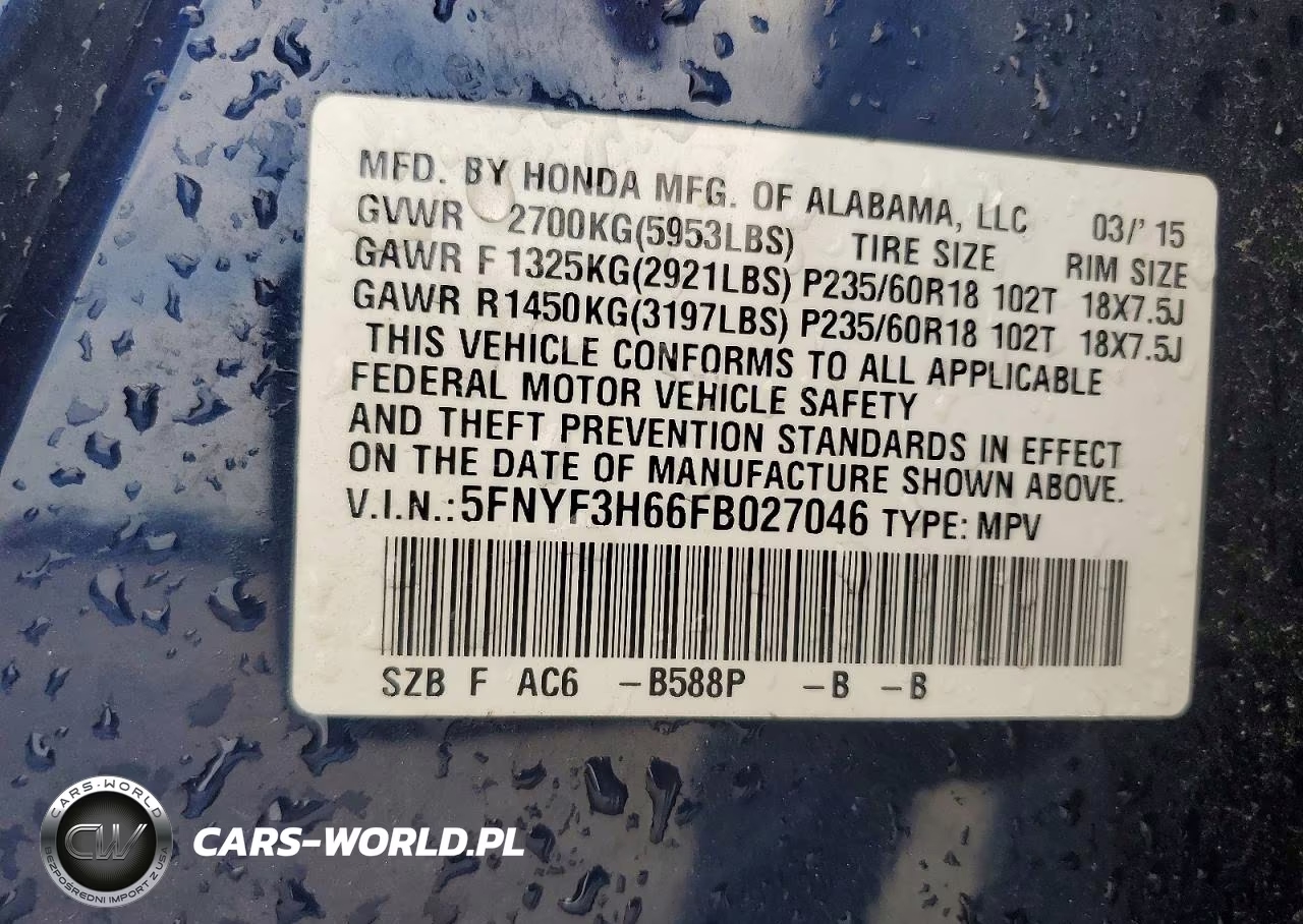 2015 Honda Pilot Exl VIN:5FNYF3H66FB027046 - 14