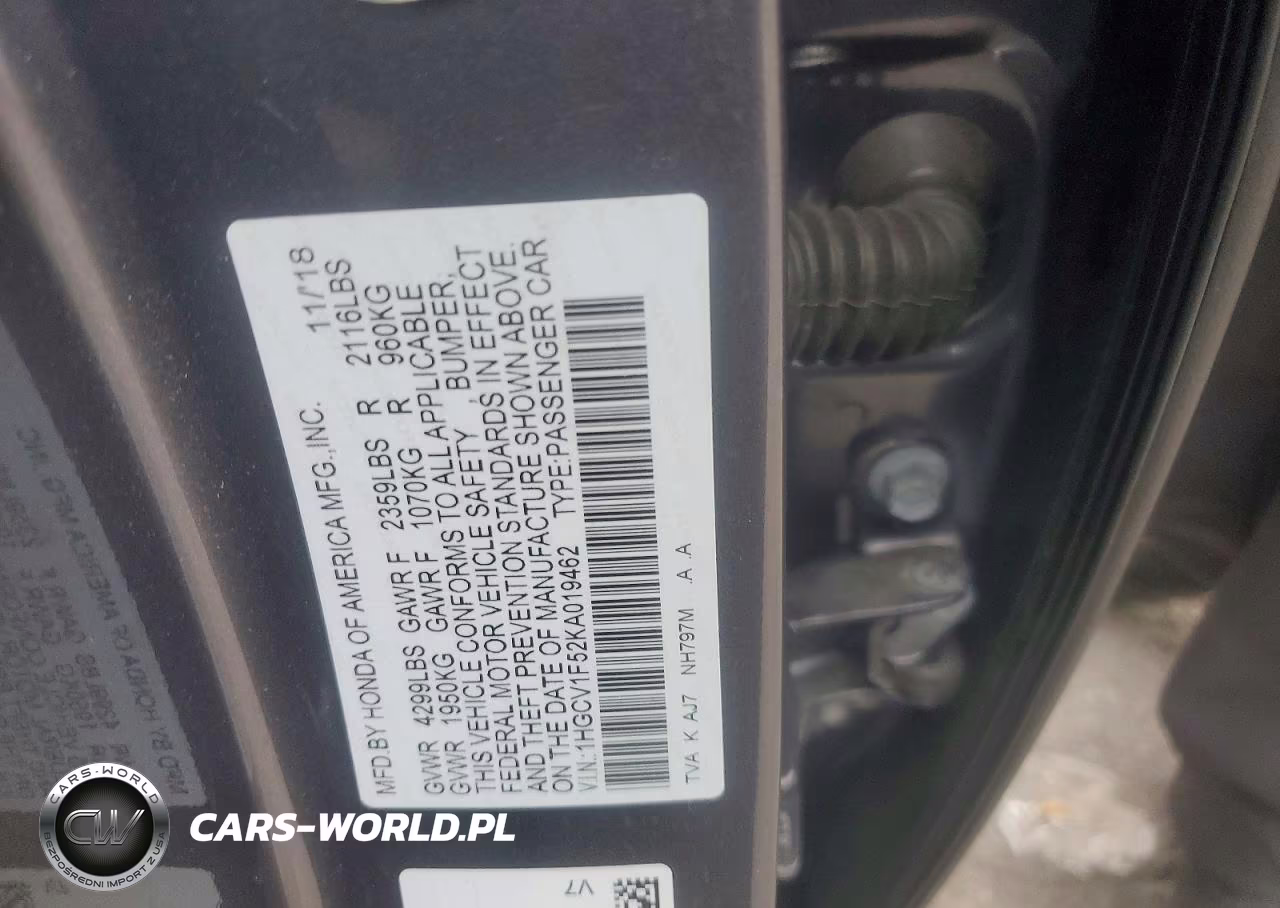 2019 Honda Accord Exl VIN:1HGCV1F52KA019462 - 12