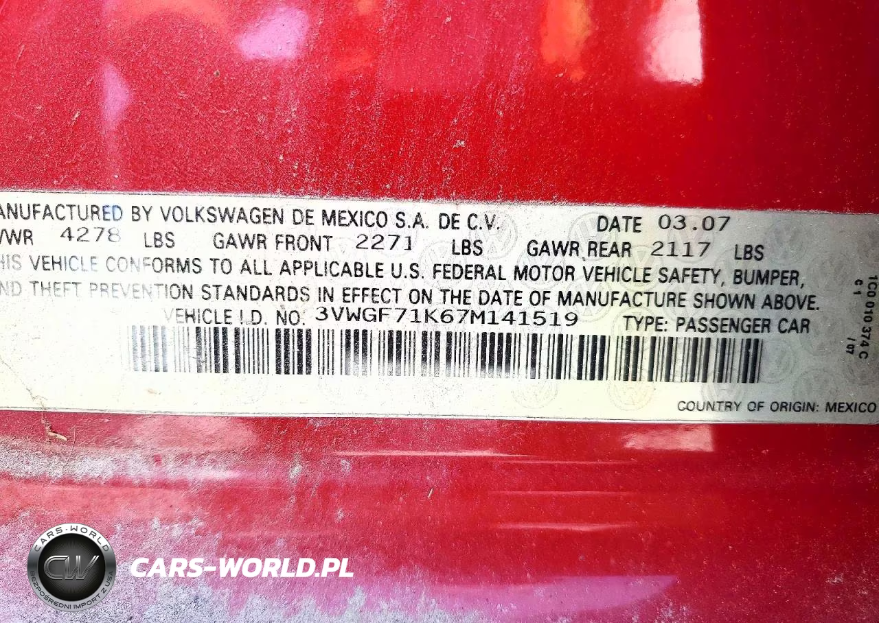 2007 Volkswagen Jetta VIN:3VWGF71K67M141519 - 12