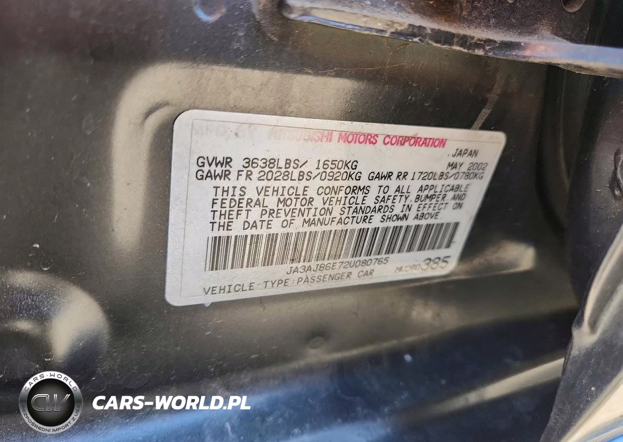 2002 Mitsubishi Lancer Oz Rally VIN:JA3AJ86E72U080765 - 12