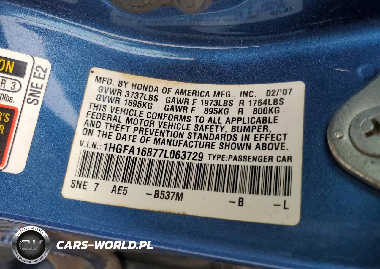 2007 Honda Civic Ex VIN:1HGFA16877L063729 - 12