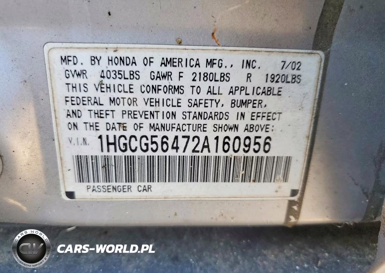 2002 Honda Accord Lx VIN:1HGCG56472A160956 - 12