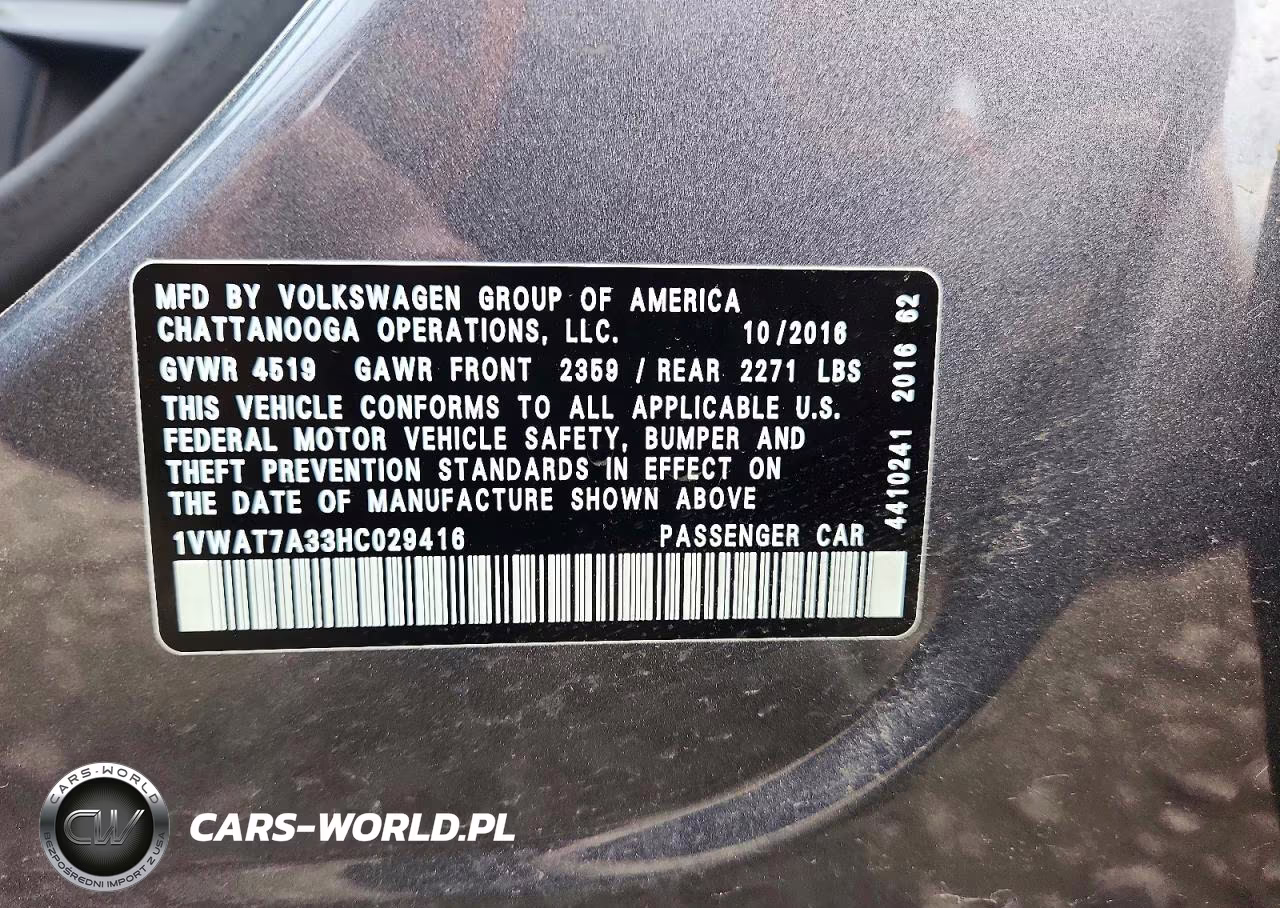 2017 Volkswagen Passat S VIN:1VWAT7A33HC029416 - 12