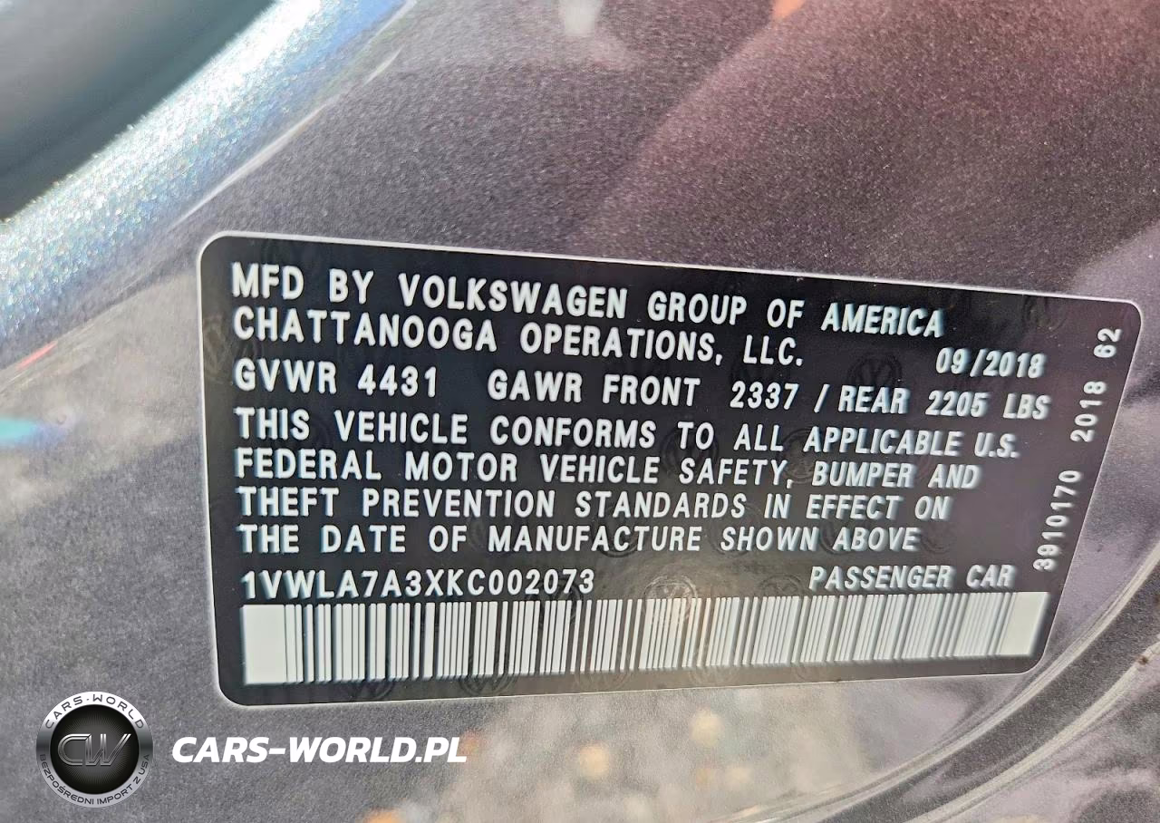 2019 Volkswagen Passat Wolfsburg VIN:1VWLA7A3XKC002073 - 12