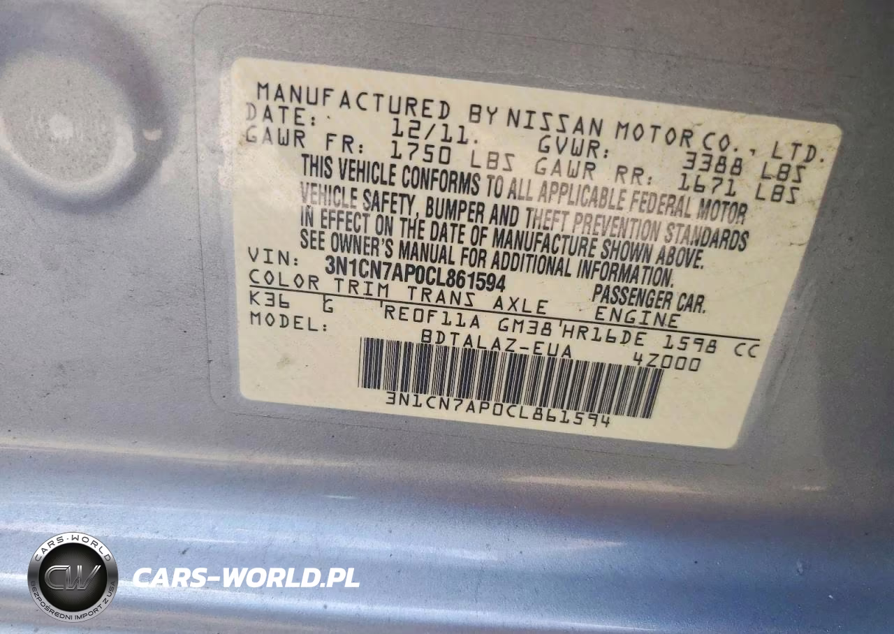 2012 Nissan Versa 1.6 S VIN:3N1CN7AP0CL861594 - 12