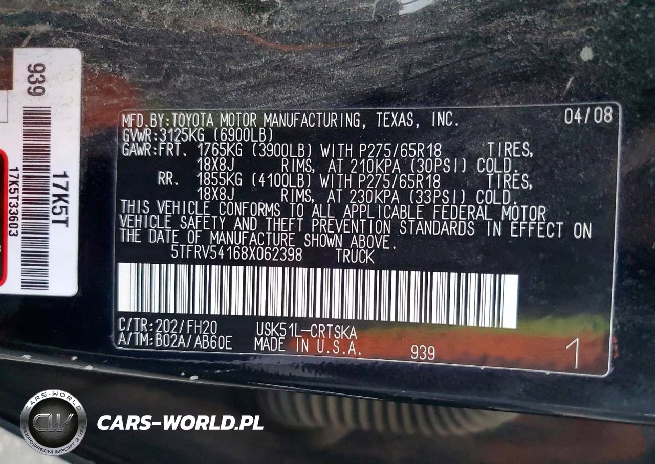 2008 Toyota Tundra Sr5 VIN:5TFRV54168X062398 - 12