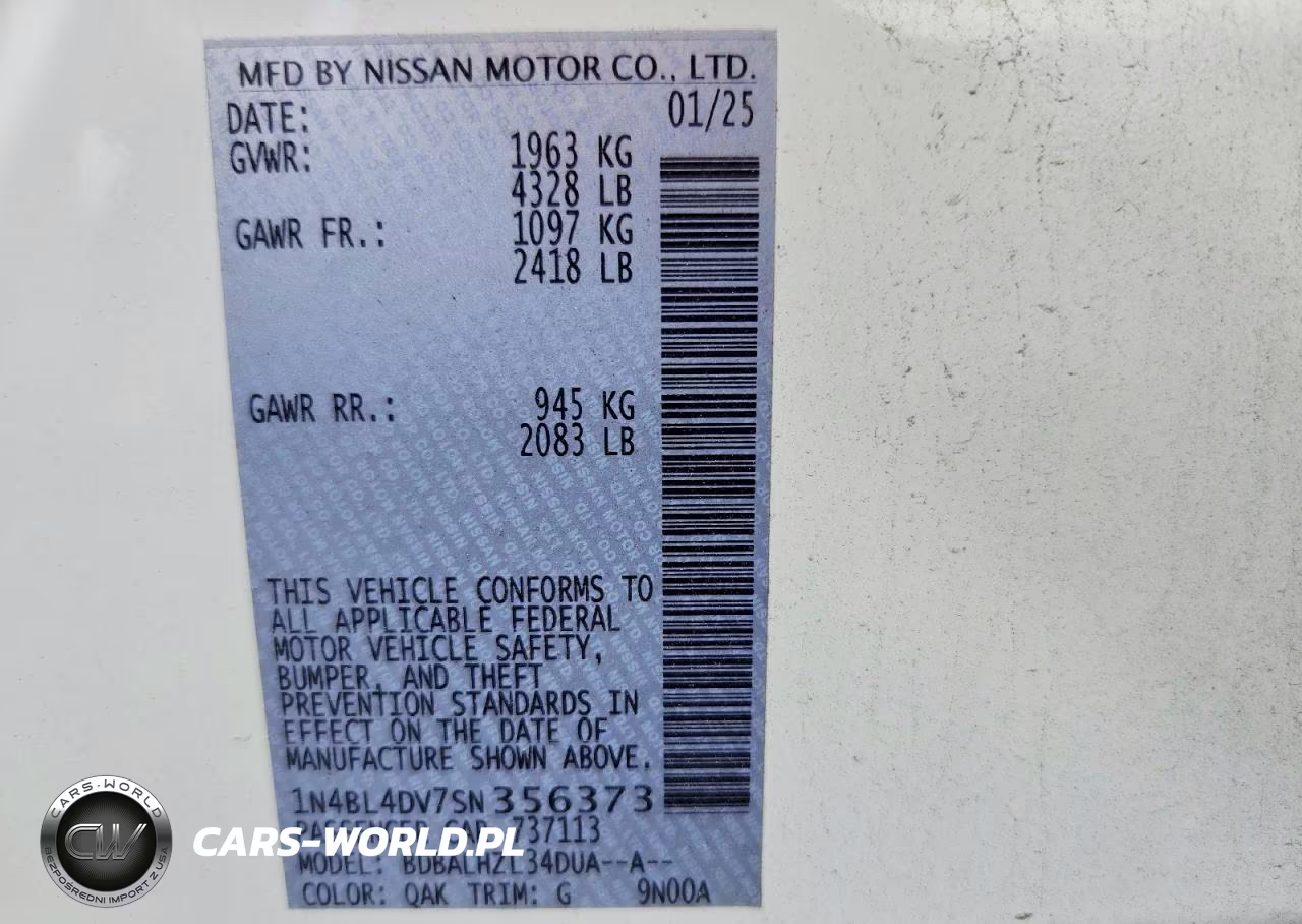 2025 Nissan Altima Sv VIN:1N4BL4DV7SN356373 - 12