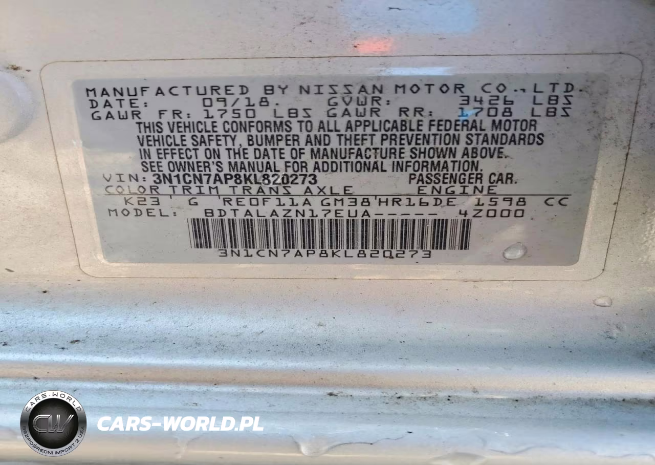 2019 Nissan Versa S Plus VIN:3N1CN7AP8KL820273 - 12