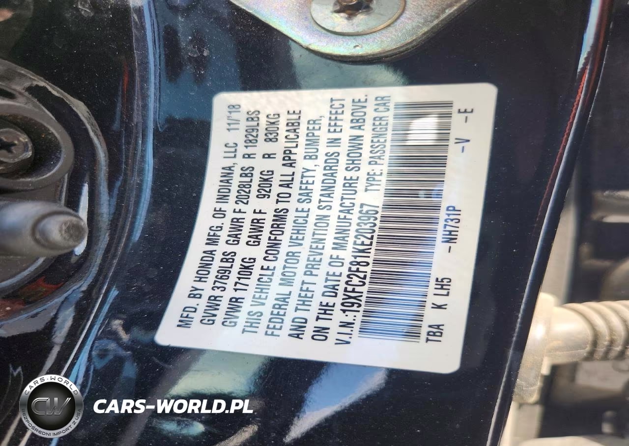 2019 Honda Civic Sport VIN:19XFC2F81KE203967 - 13